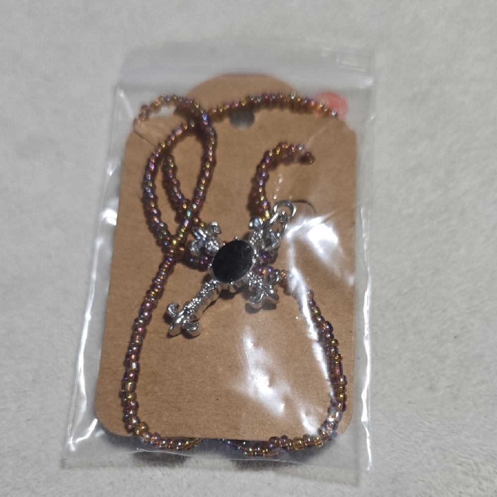 Silver and Black Beaded Cross Necklace